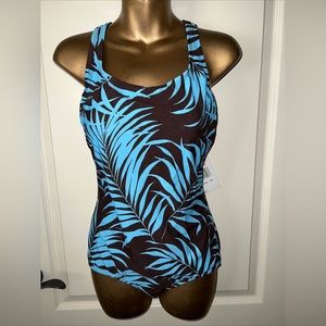 NWT SPEEDO SWIMSUIT 1-PC moderate Blue And Brown HALTER palm floral print sz 12